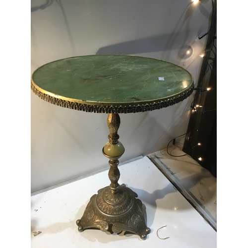 73 - Green oynx &  brass table 54cm x 38cm top has detached from base will need reattaching