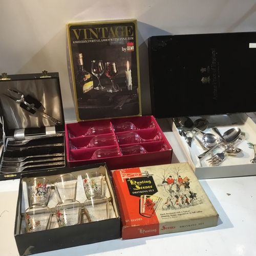 82 - Collection of forks in cases, sherry glasses drinking set and more