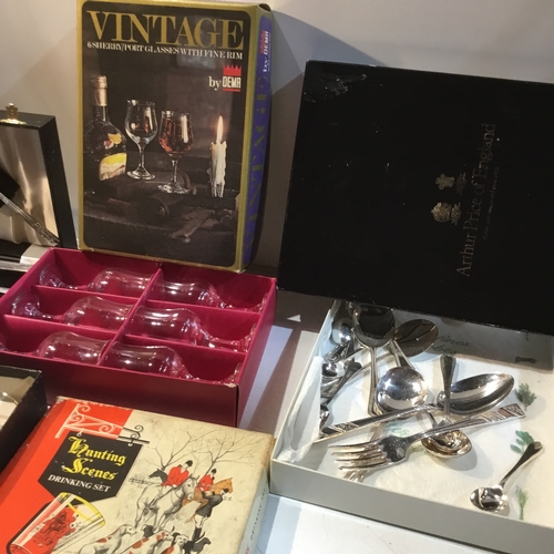 82 - Collection of forks in cases, sherry glasses drinking set and more