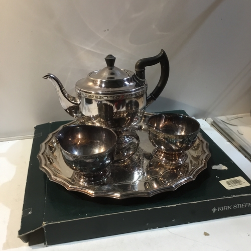 84 - Silver plated teapot, sugar, milk jug and tray