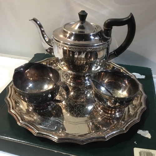 84 - Silver plated teapot, sugar, milk jug and tray