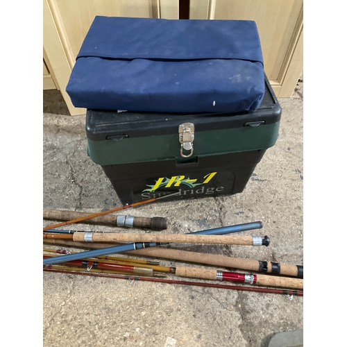 205 - Selection of cork handled fishing rods and Sundridge fishing tackle box