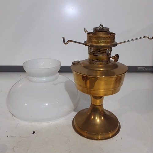 1 - Brass Aladdin oil lamp with white glass shade. Good condition but no glass chimney.