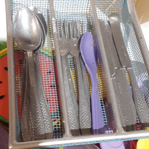 3 - Children's kitchen accessories. Toast, plates, teaset, cutlery etc.