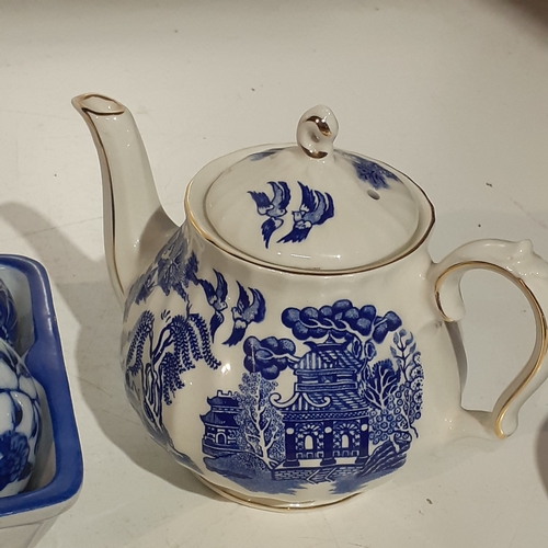 11 - Blue/White lot. Includes Sadler teapot, Spode cup & saucer etc and 6 decorative eggs in holder. Attr... 