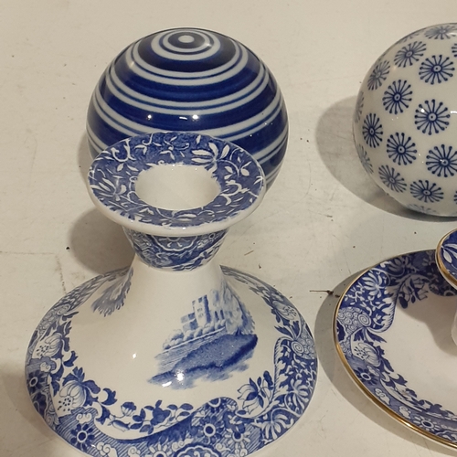 15 - Blue/White themed candlesticks, insence burners and ink bottle. Spode candlesticks. Attractive decor... 