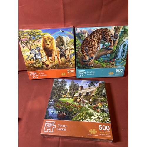 154 - Three Corner Piece Jigsaws “Prowling Leopard”, “Safari Animals”, “Sunday Cricket”