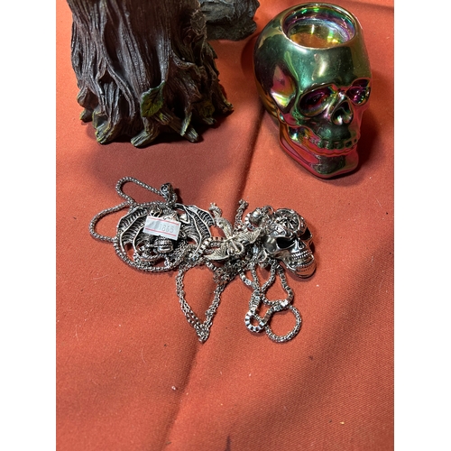 166 - Gothic Lot inc candle holder, skull necklaces and dragon dagger ornament