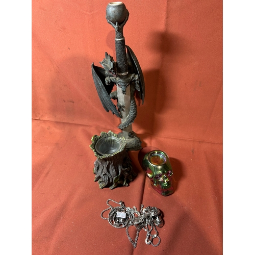 166 - Gothic Lot inc candle holder, skull necklaces and dragon dagger ornament