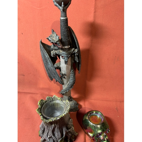 166 - Gothic Lot inc candle holder, skull necklaces and dragon dagger ornament