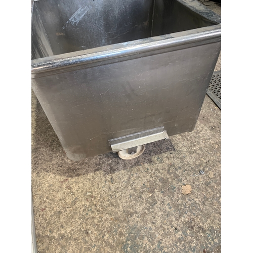 133 - Large stainless steel metal food waste bin on wheels. Approx 26” x 26”