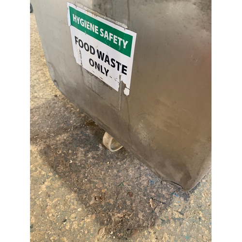 133 - Large stainless steel metal food waste bin on wheels. Approx 26” x 26”