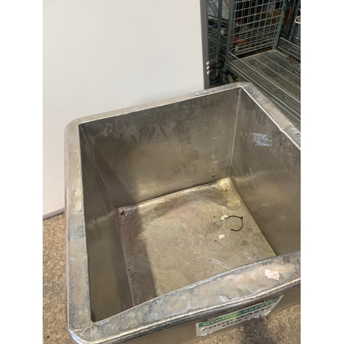 133 - Large stainless steel metal food waste bin on wheels. Approx 26” x 26”