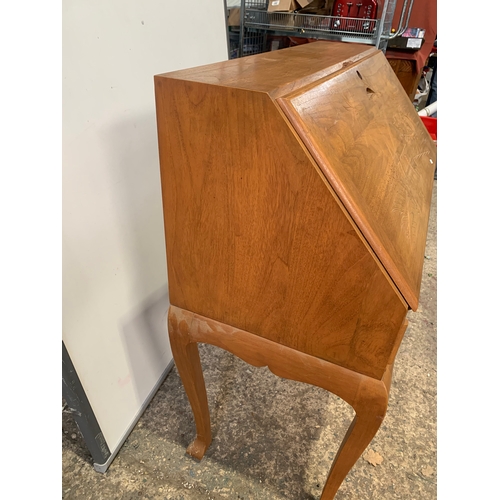 149 - Beautiful writing desk with carved oriental design to drop down door with wooden stool