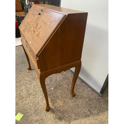 149 - Beautiful writing desk with carved oriental design to drop down door with wooden stool