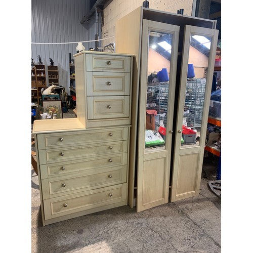 437 - light wood effect double wardrobe with mirrors to both doors. Matching bedside table with 3 drawers ... 