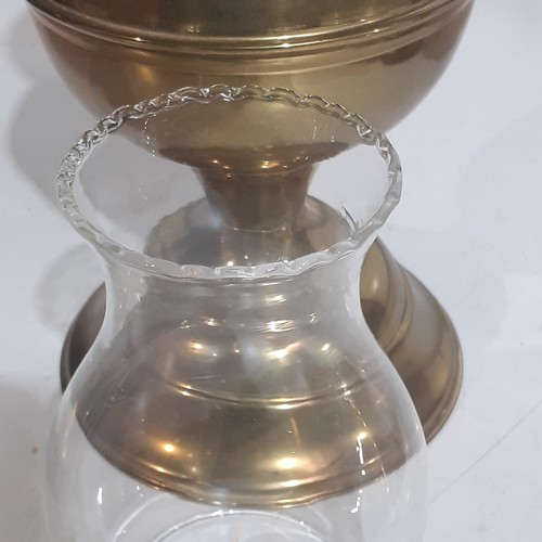 158 - Brass, double wick oil lamp. With glass chimney. UK made.