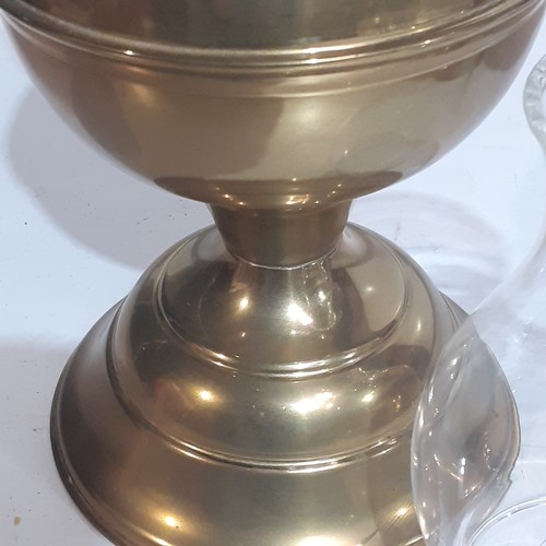 158 - Brass, double wick oil lamp. With glass chimney. UK made.