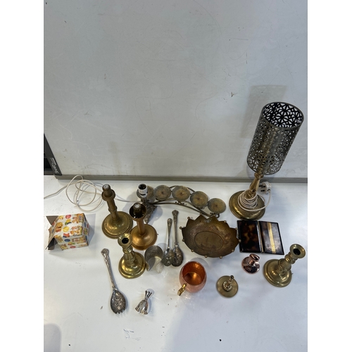 144 - Mixed Lot of Brass and Silverware inc candle sticks