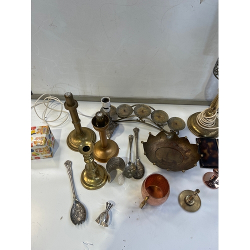 144 - Mixed Lot of Brass and Silverware inc candle sticks