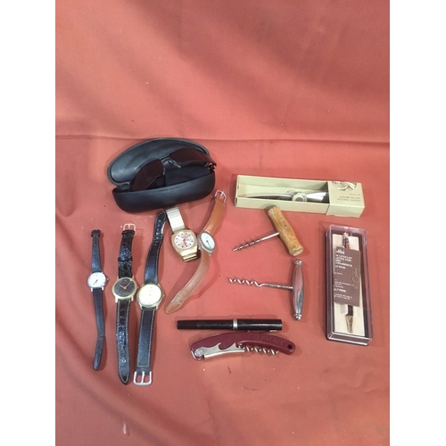 35 - Police sunglasses, 2 pens, 3 corkscrews ‘ 5 various watches