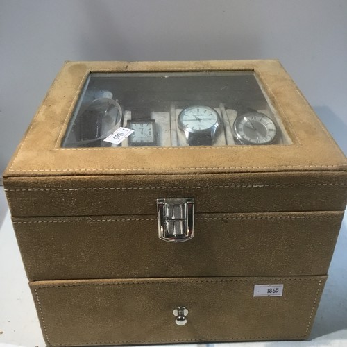 45 - Watch box with under drawer for total of 16 watches - with watches to inc Lorus, Daniel Hechter, Dis... 