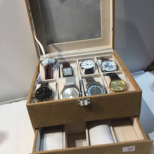 45 - Watch box with under drawer for total of 16 watches - with watches to inc Lorus, Daniel Hechter, Dis... 