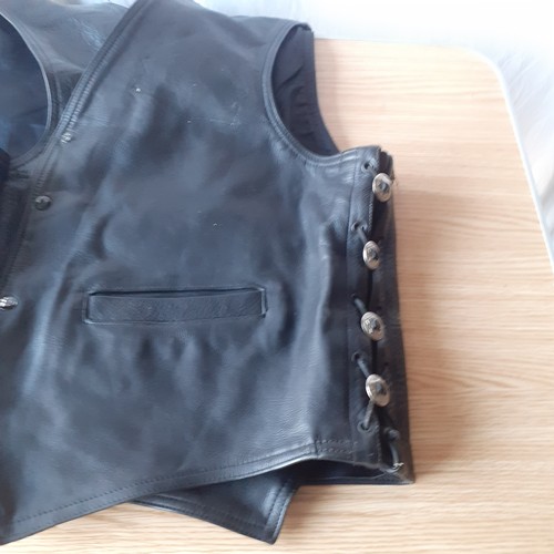 7 - KJ Bikers wear leather waistcoat, size 54. Has had badges removed so can see where they were but sti... 