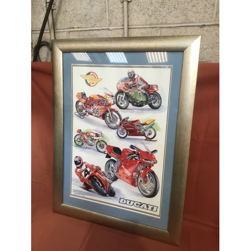 152 - Sports memorabilia - framed and glazed Ducati race bikes signed James king motorcycle racer