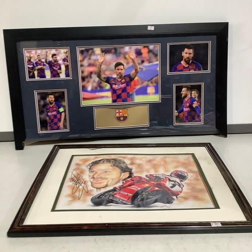 188 - Lionel Messi photo in frame bottom of frame missing  plus a framed signed print of Carl fogarty