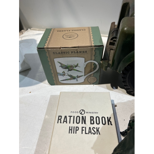 267 - Military style vehicle, play soldiers, ration book hip flask and mug