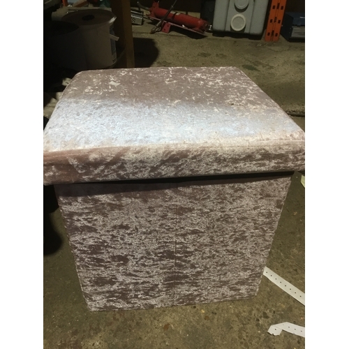 89 - Pink velvet seat sorage box filled with ornaments, glassware and more