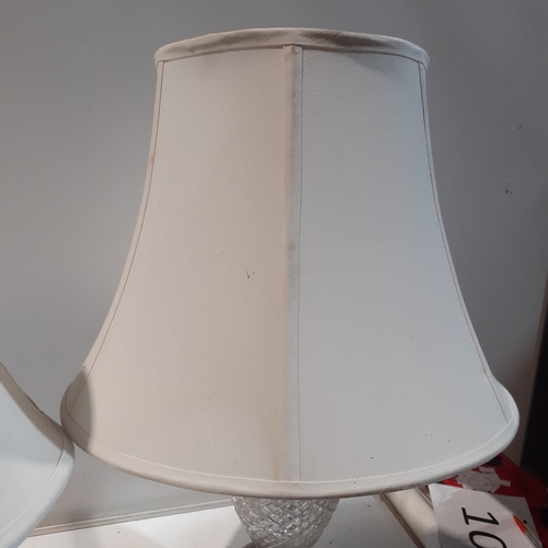 130A - Pair of Brass and Glass table lamps. Solid cut glass with brass finish. Great detail. Working