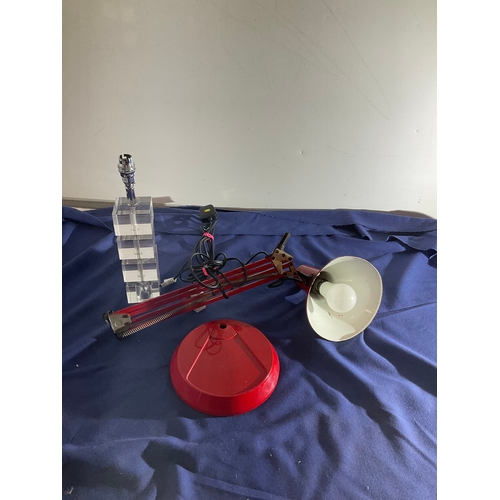 46 - Red angle poise style lamp and clear acrylic block table lamp