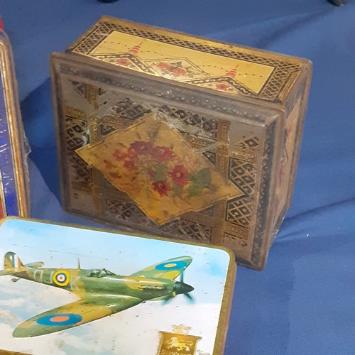 21 - Vintage tins and wooden boxes. Ammo type box, tin depicting classic spitfire, wooden cigar box amd m... 