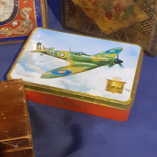 21 - Vintage tins and wooden boxes. Ammo type box, tin depicting classic spitfire, wooden cigar box amd m... 