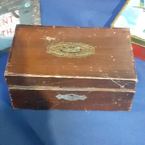 21 - Vintage tins and wooden boxes. Ammo type box, tin depicting classic spitfire, wooden cigar box amd m... 