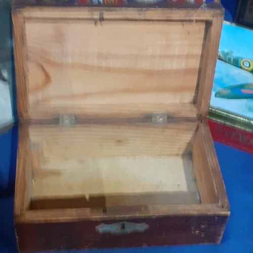 21 - Vintage tins and wooden boxes. Ammo type box, tin depicting classic spitfire, wooden cigar box amd m... 