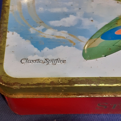 21 - Vintage tins and wooden boxes. Ammo type box, tin depicting classic spitfire, wooden cigar box amd m... 