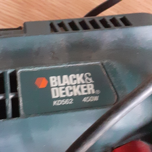 16 - Black and Decker drill, model KD562 - working - plus a vintage hand drill and a tin of various tape.