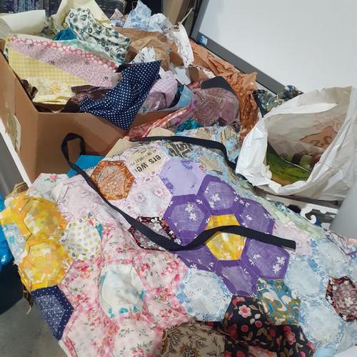 14 - Large quantity of material mostly cut and shaped for patchwork. Some off cuts and few threads. Ideal... 