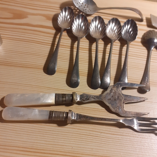 109A - Mixed Cutlery. Includes sugar spoons and sugar tongs, forks with mother of pearl looking handles, br... 