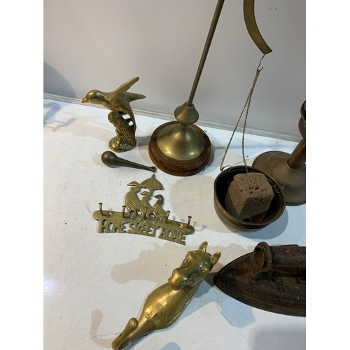 138 - Brass lot inc scales, home sweet home sign and more