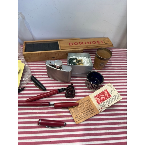 415 - Collectible lot inc dominos, hip flask, playing cards, fountain pens and vintage GPO stamps