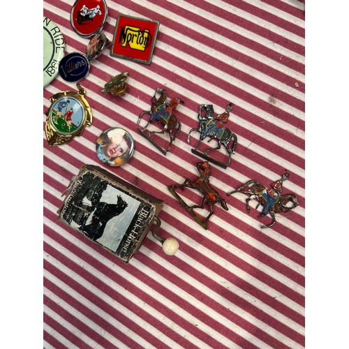 175 - Collectible lot inc black horse music box, pin badges inc Norton and small lead Calvary soldiers