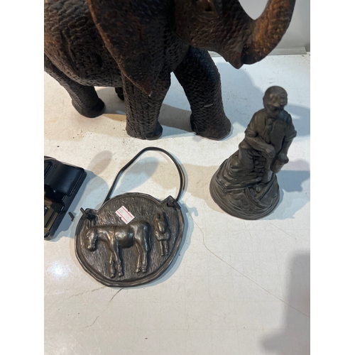 178 - Collectible lot inc leather elephant (missing tusks), brass stamper & snowdonia craft figure