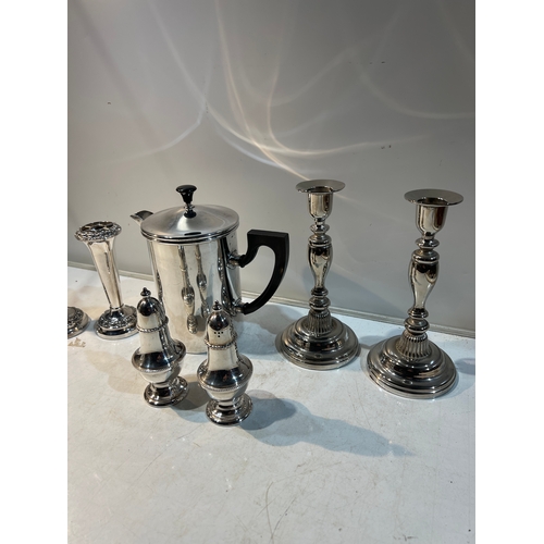 196 - Three pairs of silver plated items – 19cm candlesticks, 14cm ornate posy vases and Regency style sal... 