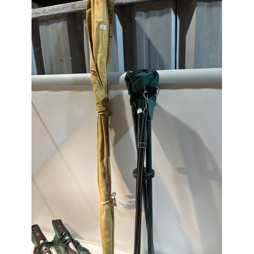 199 - German Fiwa Kongo 355 two piece fishing rod, Maxim MX 28-59 fold-up seat and a fold-up chair in carr... 