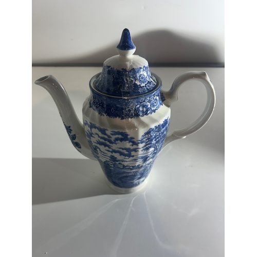 244 - British Anchor Ironstone “Memory Lane” Blue and White Coffee Pot, Cream Jug and Sugar Bowl