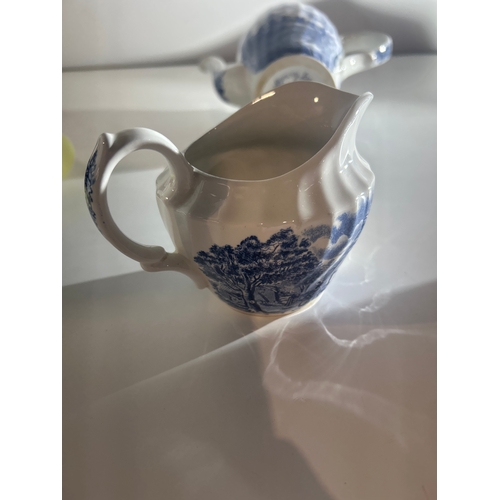 244 - British Anchor Ironstone “Memory Lane” Blue and White Coffee Pot, Cream Jug and Sugar Bowl